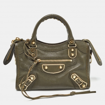 Pre Owned Balenciaga Olive Green Leather Mini Metallic Edge Classic City Bag