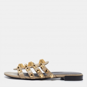 Pre Owned Balenciaga Beige Leather Studded Arena Flat Slides Size 38