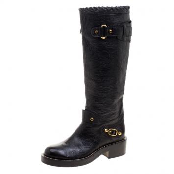 Pre Owned Balenciaga Black Distressed Leather Knee High Boots Size 38.5
