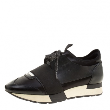 Pre Owned Balenciaga Black Leather Race Runner Sneakers Size 37 