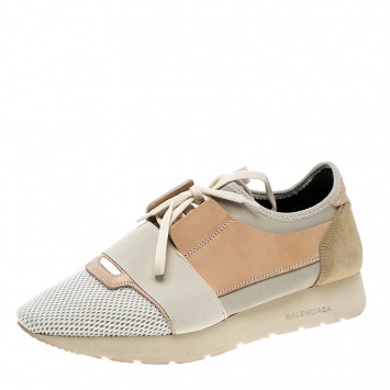 Pre Owned Balenciaga Two Tone Leather And Mesh Mixed Media Lace Up Sneakers Size 41