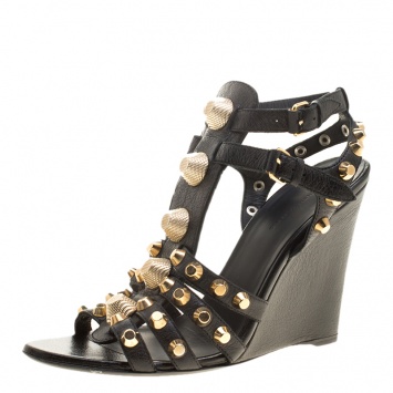 Pre Owned Balenciaga Black Leather Arena Studded Gladiator Wedge Sandals Size 40.5