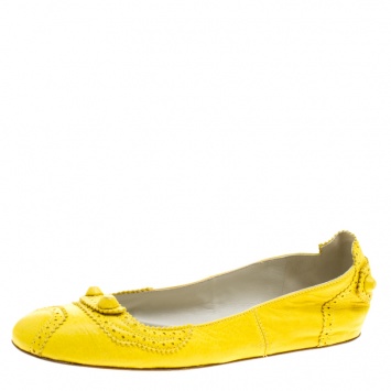Pre Owned Balenciaga Yellow Brogue Leather Arena Ballet Flats Size 40.5