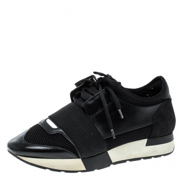 Pre Owned Balenciaga Monochrome Leather And Mesh Mixed Media Lace Up Sneakers Size 37