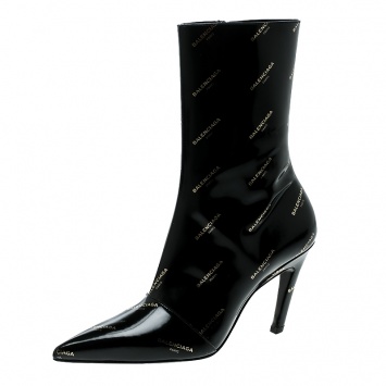 Pre Owned Balenciaga Black Patent Leather All Over Logo Slash Heel Ankle Boots Size 36