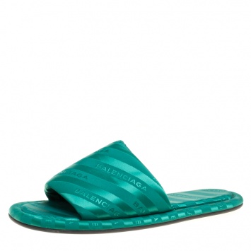 Pre Owned Balenciaga Emerald Green Jacquard Hotel Flat Slides Size 39