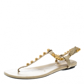 Pre Owned Balenciaga Light Yellow Studded Leather Arena Thong Sandals Size 38