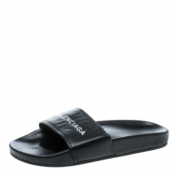 Pre Owned Balenciaga Black Logo Stamped Leather Slide Sandals Size 38