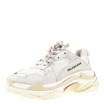 Pre Owned Balenciaga White Mesh And Leather Triple S Platform Sneakers Size 38