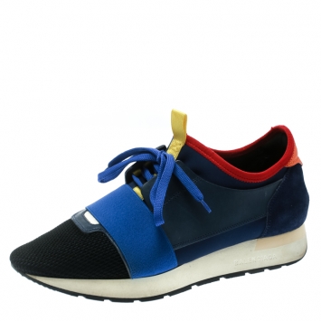 Pre Owned Balenciaga Blue Mesh And Suede Race Runner Sneakers Size 39