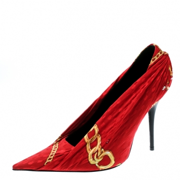 Pre Owned Balenciaga Red Printed Fabric Pointed Toe Pumps Size 38