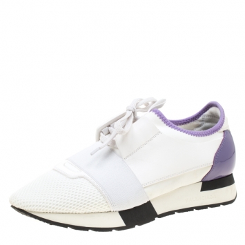 Pre Owned Balenciaga White/Purple Mesh And Leather Race Runner Sneakers Size 39