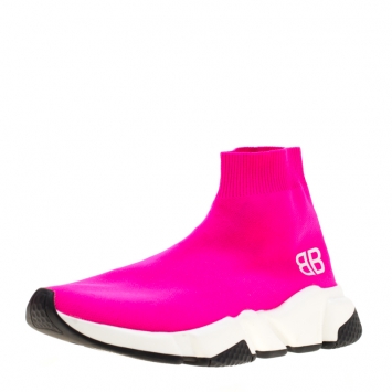 Pre Owned Balenciaga Neon Pink Knit Fabric Speed Trainer Sneakers Size 37