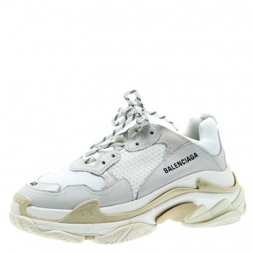 Pre Owned Balenciaga White Mesh And Leather Triple S Platform Sneakers Size 40