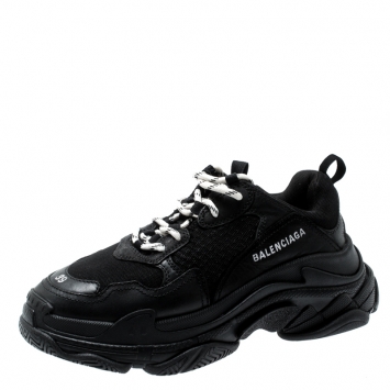Pre Owned Balenciaga Black Mesh And Leather Triple S Platform Sneakers Size 39