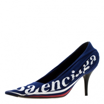 Pre Owned Balenciaga Blue Fabric And Leather Knife Logo Pointed Toe Pumps Size 36
