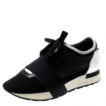 Pre Owned Balenciaga Monochrome Leather And Mesh Mixed Media Lace Up Sneakers Size 36