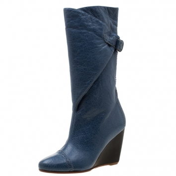 Pre Owned Balenciaga Blue Brogue Leather Wedge Mid Calf Boots Size 36