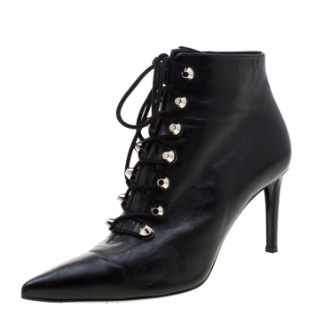 Pre Owned Balenciaga Black Leather Pointed Toe Lace Up Ankle Boots Size 40