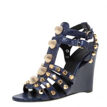 Pre Owned Balenciaga Blue Leather Arena Studded Gladiator Wedge Sandals Size 38