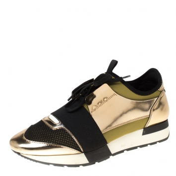 Pre Owned Balenciaga Metallic Gold Leather And Satin Race Runner Sneakers Size 39