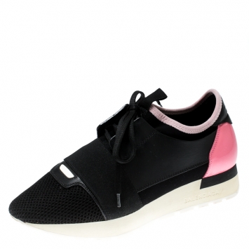 Pre Owned Balenciaga Black/Pink Leather And Mesh Race Runners Sneakers Size 37