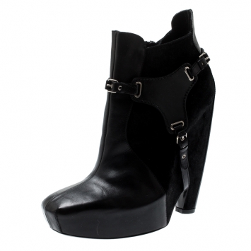 Pre Owned Balenciaga Black Leather and Suede Harness Platform Boots Size 40