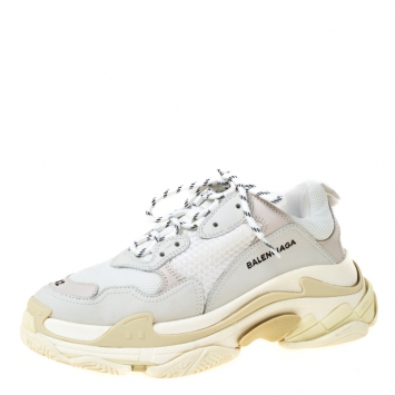 Pre Owned Balenciaga White/Grey Mesh And Leather Triple S Platform Sneakers Size 42