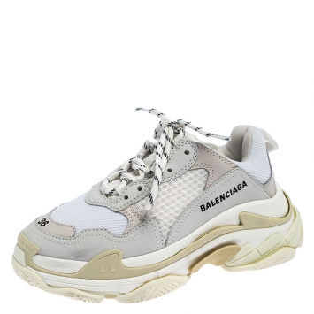 Pre Owned Balenciaga White/Beige Nubuck/Mesh Triple S Trainer Sneakers Size 36
