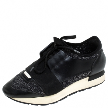 Pre Owned Balenciaga Black Glitter Fabric And Leather Race Runner Sneakers Size 36