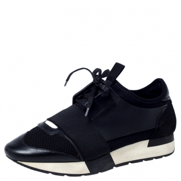 Pre Owned Balenciaga Black Leather, Suede And Mesh  Race Runner Sneakers Size 37