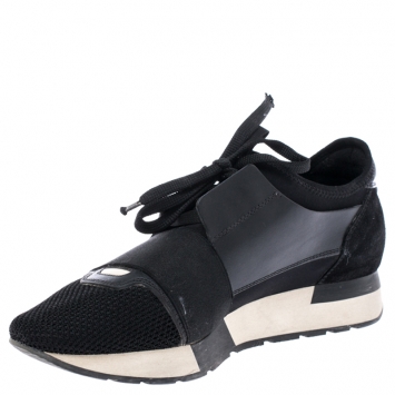 Pre Owned Balenciaga Black Leather, Suede And Mesh Race Runner Sneakers Size 38