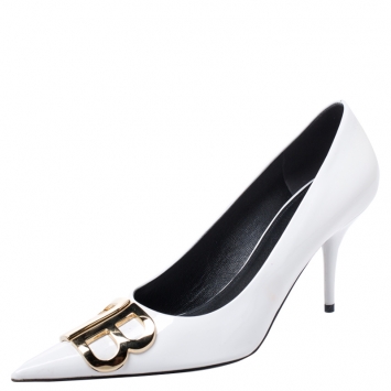 Pre Owned Balenciaga White Patent Leather BB Pointed Toe Pumps Size 40