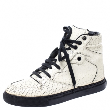 Pre Owned Balenciaga Off White Cracked Leather Lace Up High-Top Sneakers Size 37