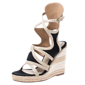 Pre Owned Balenciaga Black/Beige Canvas and Leather Caged Espadrille Wedge Sandals Size 37