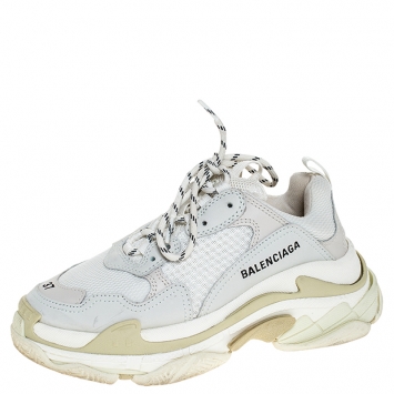Pre Owned Balenciaga White/Beige Nubuck, Leather And Mesh Triple S Trainer Sneakers Size 37