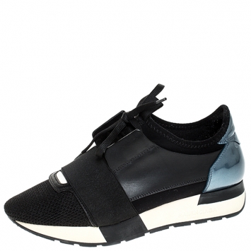 Pre Owned Balenciaga Black/Blue Leather, Patent Leather And Mesh Race Runner Sneakers Size 36