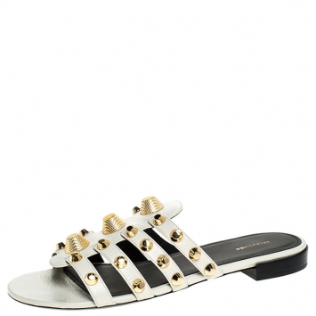 Pre Owned Balenciaga White Leather Studded Strappy Flat Sandals Size 40