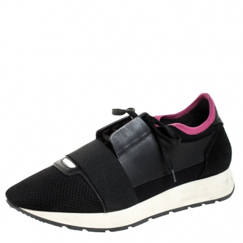 Pre Owned Balenciaga Black Leather And Mesh Race Runners Sneakers Size 40