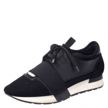 Pre Owned Balenciaga Black Leather, Mesh and Neoprene Race Runner Sneakers Size 38