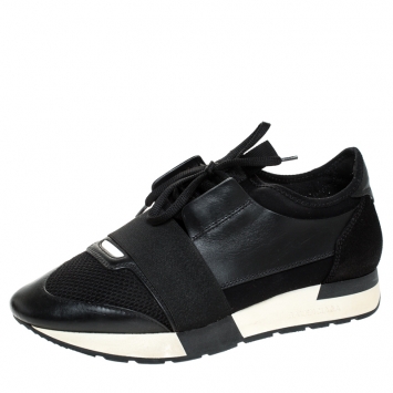 Pre Owned Balenciaga Black Leather, Mesh And Suede Race Runner Sneakers Size 39
