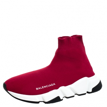 Pre Owned Balenciaga Red Knit Fabric Speed Trainers Sneakers Size 38