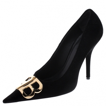 Pre Owned Balenciaga Black Velvet BB Pointed Toe Pumps Size 38