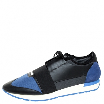 Pre Owned Balenciaga Blue/Black Stretch Fabric, Leather And Nubuck Race Runner Sneakers Size 47
