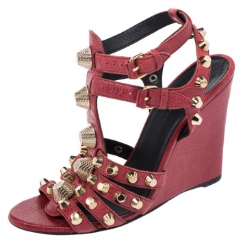 Pre Owned Balenciaga Red Leather Arena Studded Gladiator Wedge Sandals Size 38