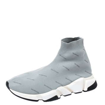 Pre Owned Balenciaga Grey Logo Print Knit Speed Trainer Sneakers Size 41
