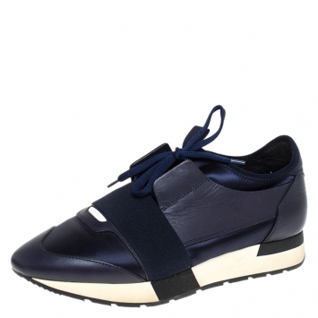 Pre Owned Balenciaga Blue Leather And Stretch Fabric Race Runner Sneakers Size 40