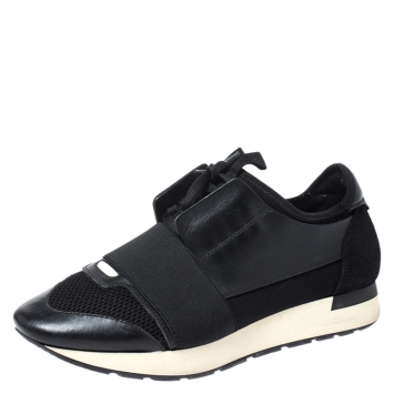 Pre Owned Balenciaga Black Leather, Suede And Mesh  Race Runner Sneakers Size 39