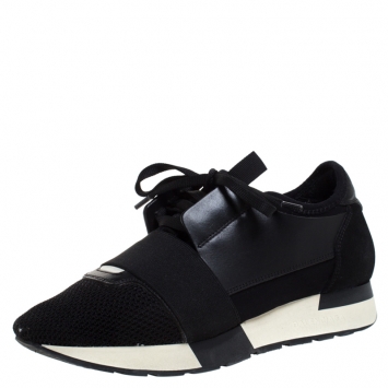 Pre Owned Balenciaga Black Suede Leather And Mesh Race Runners Lace Up Sneakers Size 37
