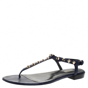 Pre Owned Balenciaga Blue Leather Studded Thong Flat Sandals Size 42